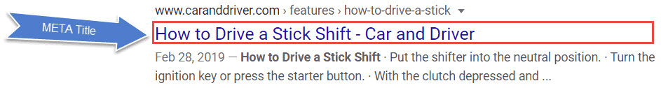 Google search result highliting the clickable blue text as a meta-title element